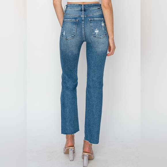 RISEN High-Rise Straight Leg Distressed Ankle Frayed Raw Hem Jeans Denim Pants - Picture 10 of 16